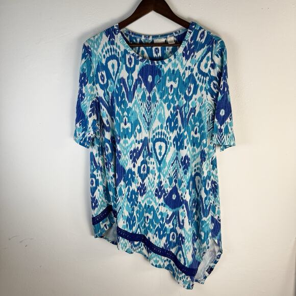 CHICOS Size 3 US XL Teal Paisley Print V- Neck Tunic Top Asymmetric Hem Boho - Picture 7 of 7